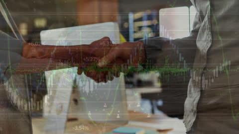 Business Partners Shaking Hands with Overlaid Stock Data Visualization