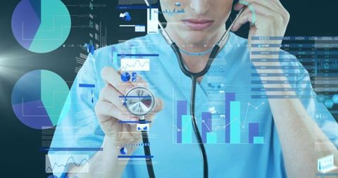 Clinician Holding Stethoscope with AR Health Data, Analytics and Infographics for Telemedicine