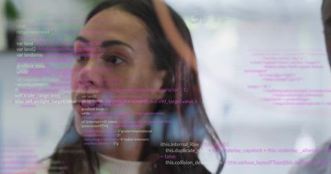 Female developer analyzing code display on transparent screen