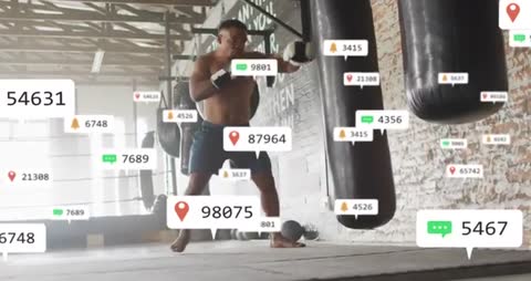 Boxer training with AR performance tracking overlays and numeric analytics in industrial gym