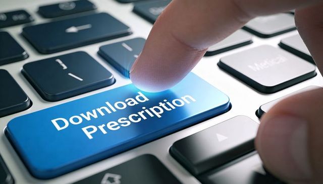 Finger Pressing Blue Download Prescription Key on Laptop Keyboard for Telemedicine workflow