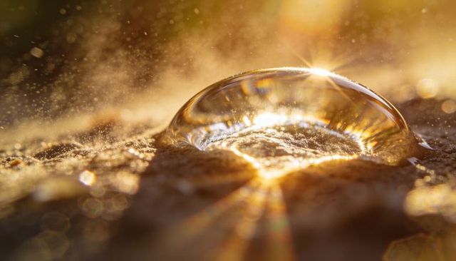 Macro water droplet refracting golden sunlight on sand with bokeh starburst flare