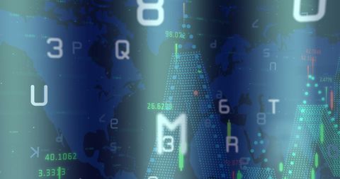 Global financial data processing on world map background