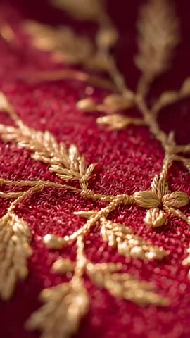 Vertical macro racking focus revealing gold metallic embroidery on red couture textile