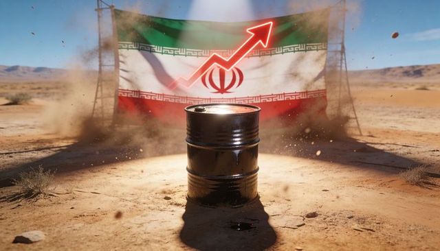 Iranian oil barrel in desert with neon rising arrow and national flag backdrop