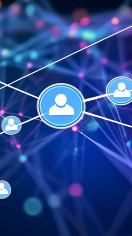 Vertical video of central user node connecting network of glowing icons over digital neon grid