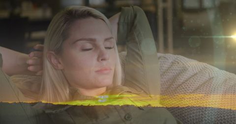 Tranquility Overlaid, Caucasian Woman Relaxing on Couch, Blissful Harmony