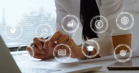Businesswoman Reviewing Documents with Digital UI Icons and Coffee, Office Productivity