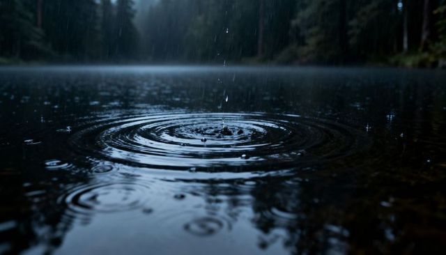 Rain falling over dark forest lake creating concentric ripples and moody water reflections