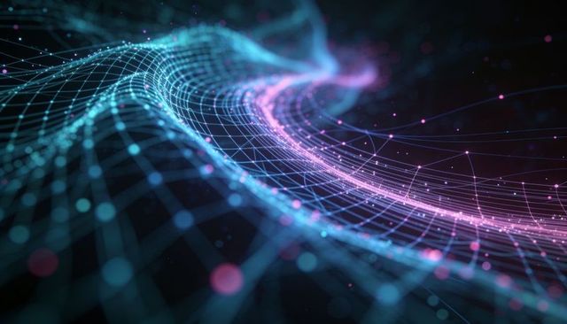 Undulating neon wireframe mesh flowing through virtual space with magenta trail