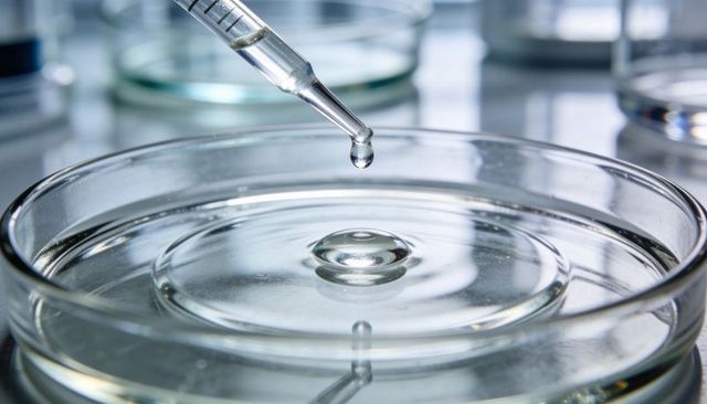 Macro pipette releasing droplet into petri dish creating subtle ripples and reflection