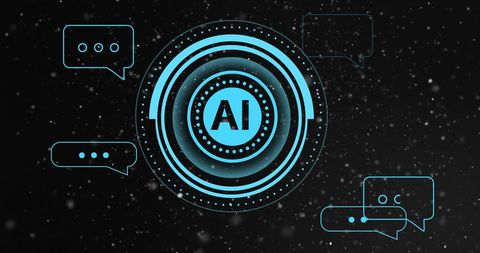 Futuristic visual depicting AI technology with speech bubbles and HUD-style elements. Perfect for illustrating concepts related to digital communication, data processing, and advancements in artificial intelligence technology for websites, presentations, or marketing materials in tech industries.