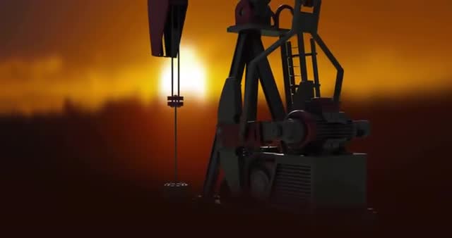 Digital animation showing an oil rig working against a sunset backdrop. Ideal for themes related to the oil industry, energy extraction, industrial operations, and global oil business presentations. Great for incorporating into educational content, promotional materials for oil companies, or energy sector analyses.