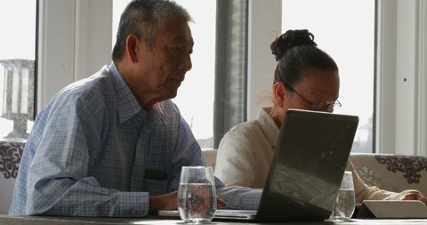 Senior Couple Engaged with Laptops in Cozy Home Setting