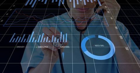 Doctor analyzing virtual data with stethoscope in futuristic lab
