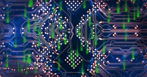 Glowing pcb circuit board with neon binary overlay visualizing digital data flow