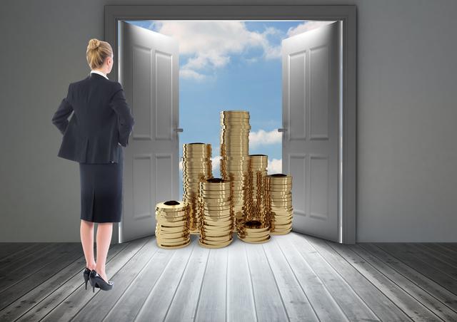 Conceptual image showing businesswoman viewing a doorway with stacks of coins beyond it, representing financial growth and success. Useful for themes around entrepreneurship, financial independence, and ambitious strategies in business presentations, articles, and advertisements.