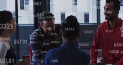 Diverse Team Collaborating During Coffee Break with Virtual Numbers Overlay