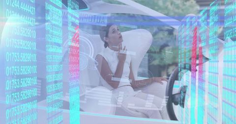 Woman interacting with biometric interface in self-driving car