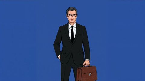 Confident prosecutor businessman holding brown leather briefcase in formal attire