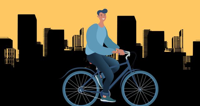 Illustration of man riding bicycle with modern vector buildings on background, copy space. Abstract, transportation, city, mobility, awareness, campaign and sustainable concept.