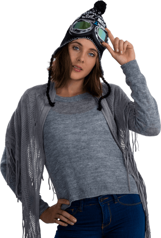Confident Young Woman Wearing Winter Hat and Sweater on Transparent Background
