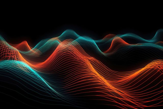 Abstract neon light waves form curving shapes against a black background. Glowing red and cyan lines create a dynamic and futuristic design, perfect for backgrounds, wallpapers, science fiction themes, technology advertisements, or artistic posters.