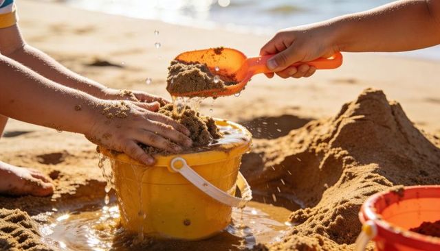Children building sandcastle with yellow bucket and orange scoop on sunlit sandy beach