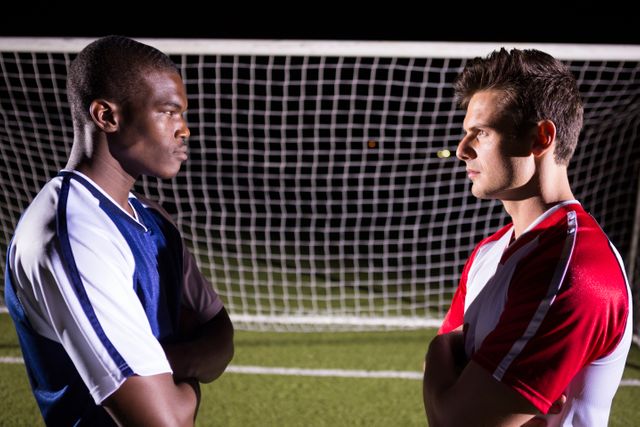 Two young male soccer players standing face to face with arms crossed, showing determination and rivalry. Ideal for use in sports promotions, teamwork concepts, competitive spirit themes, and advertisements for soccer events or training programs.