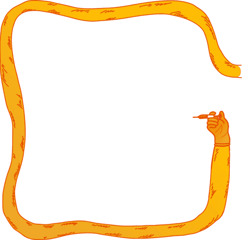 Cartoon orange arm holding syringe with transparent background