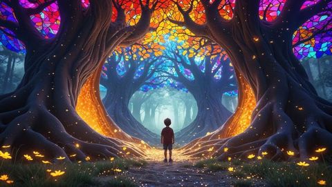 Boy in fantasy forest tunnel with glowing dreaming trees