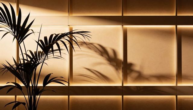 Silhouetted palm fronds casting shadow on illuminated panel grid with warm backlight