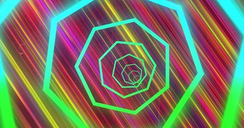 Spiraling neon teal polygon tunnel with vibrant diagonal light streaks and gradient glow