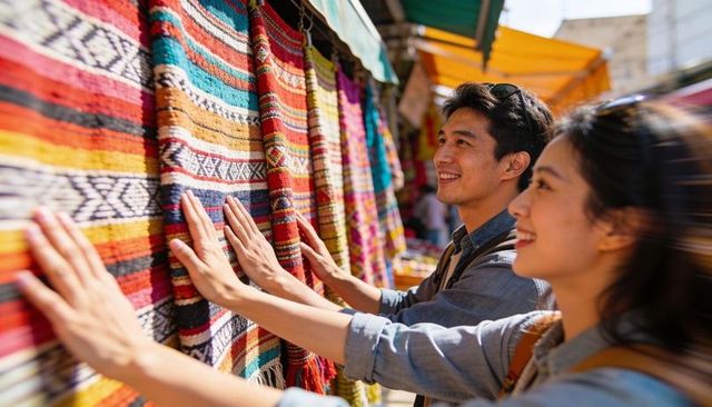 Couple exploring colorful textile market touching handmade rugs in sunlit outdoor bazaar