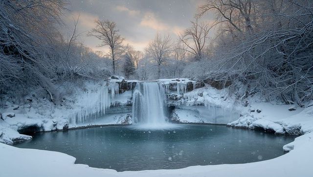 Frozen waterfall at dusk with icicles and snow-covered trees over tranquil plunge pool