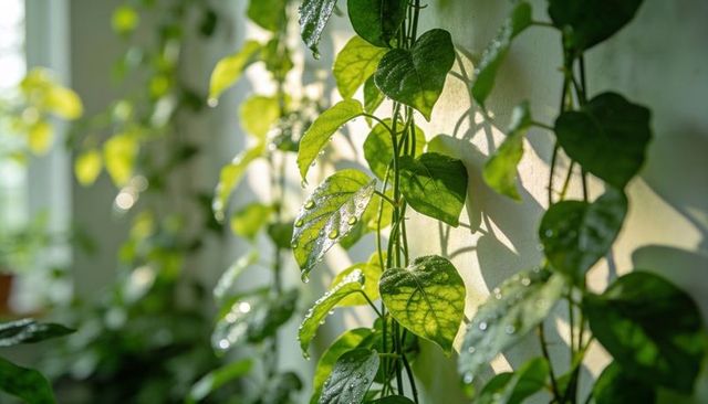 Climbing sunlit heartleaf pothos vines holding dew droplets along indoor wall with bokeh