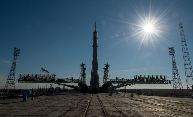 The Soyuz TMA-16M spacecraft is seen after having rolled out by train to the launch pad at the Baikonur Cosmodrome, Kazakhstan, Wednesday, March 25, 2015. NASA Astronaut Scott Kelly, and Russian Cosmonauts Mikhail Kornienko, and Gennady Padalka of the Russian Federal Space Agency (Roscosmos) are scheduled to launch to the International Space Station in the Soyuz TMA-16M spacecraft from the Baikonur Cosmodrome in Kazakhstan March 28, Kazakh time (March 27 Eastern time.) As the one-year crew, Kelly and Kornienko will return to Earth on Soyuz TMA-18M in March 2016.  Photo Credit (NASA/Bill Ingalls)