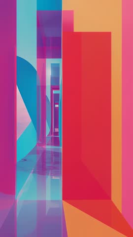 Vertical 3D Corridor Receding Through Multicolor Panels on Reflective Floor, Futuristic Loop