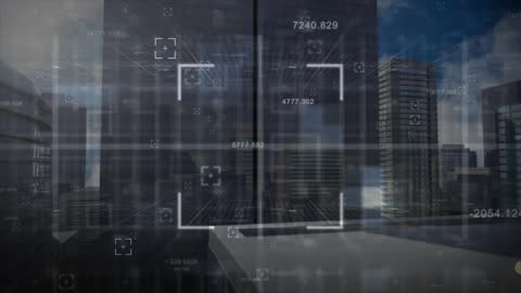 Futuristic Financial Data Overlay on Cityscape with Cutting Data