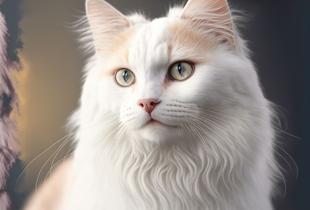 This depicts a majestic white cat with long, fluffy fur looking away. Its beautiful eyes and pristine fur make it an excellent subject for pet lovers. Use this for pet care advertisements, animal websites, or any content related to cats and pets.