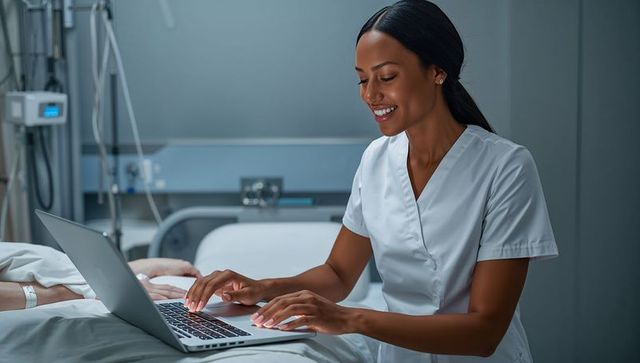 Nurse typing bedside notes on laptop in hospital room, charting electronic medical record