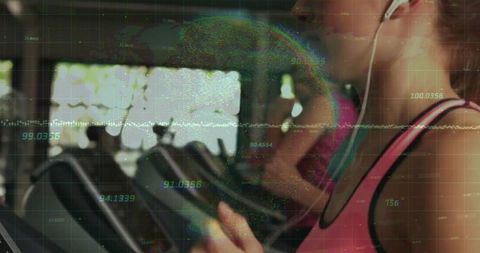 Woman on gym treadmill with fitness data overlay, earphones