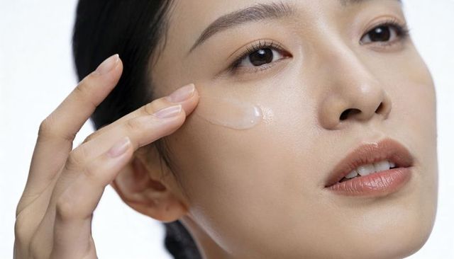 Asian woman applying hydrating gel, spreading moisturizer for dewy glowing skin closeup