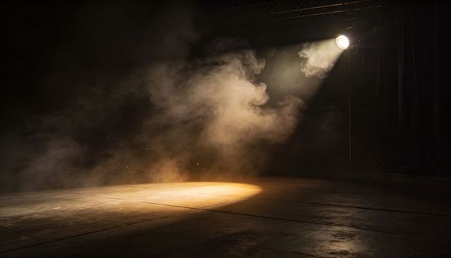 Solitary Spotlight Illuminating Foggy Wooden Stage with Amber Beam and Dust Particles
