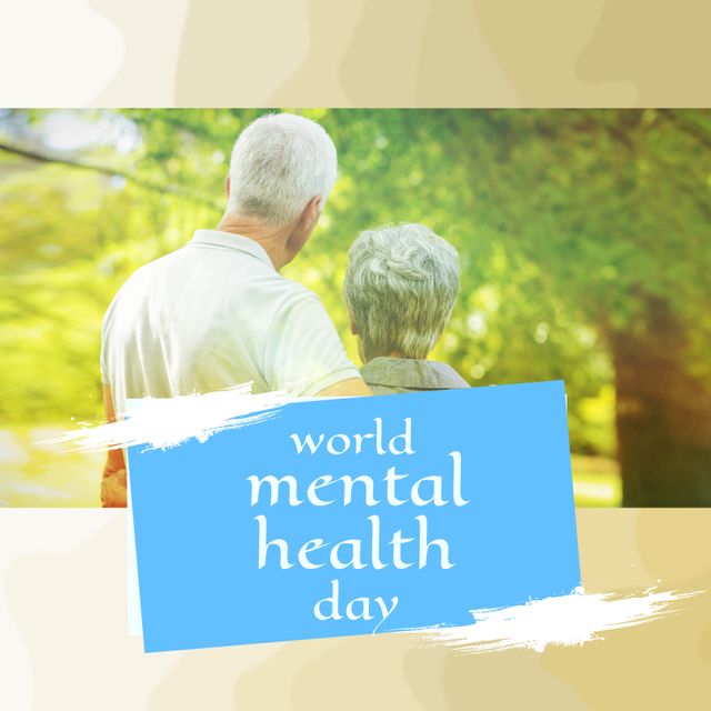 Animation of world mental health day text over senior caucasian couple. Mental health day and celebration concept digitally generated image.