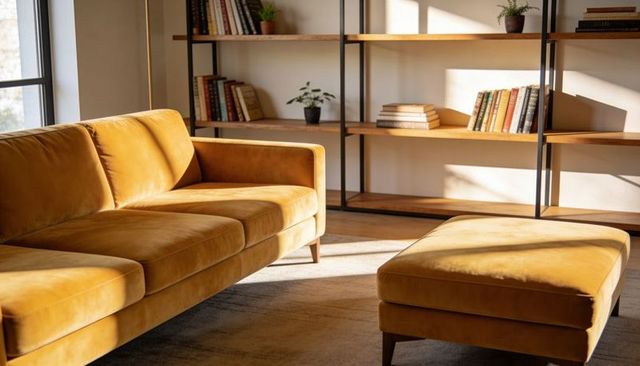 Sunlit mustard velvet midcentury sofa and ottoman with open timber shelves, books, plants