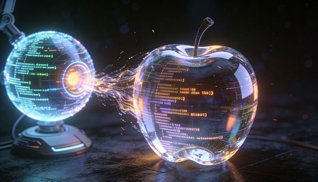 Glass apple receiving digital code stream from holographic orb, futuristic data transfer