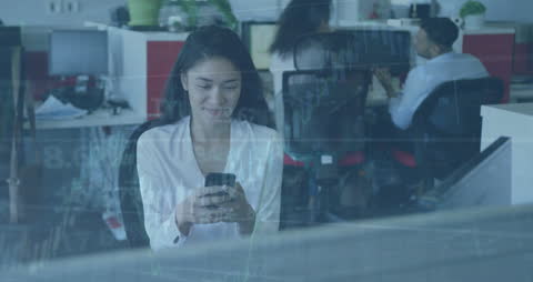 Businesswoman Checking Smartphone with Financial Data Overlay