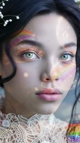 Ethereal model glowing with rainbow makeup and floating planet orbs in vertical video