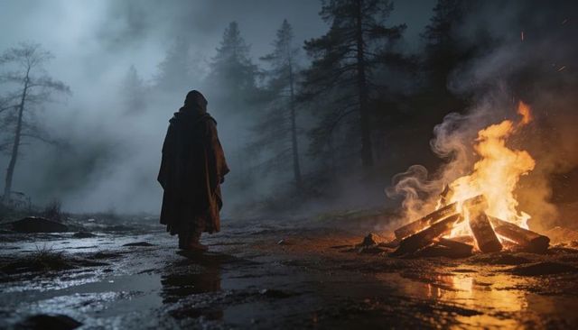 Hooded wanderer standing by campfire in foggy pine forest at night with reflections